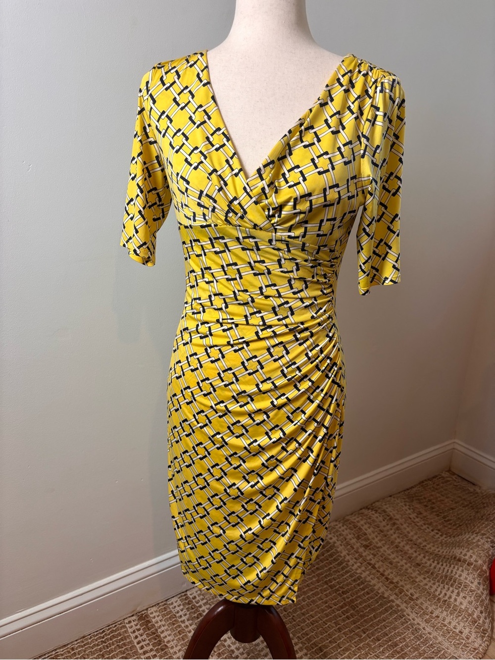 Lauren Ralph Lauren Yellow Chain Print Ruched Faux Wrap Sheath Dress Size 2